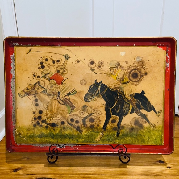F1-RARE LARGE Antique French Red Tole Tray Polo Players & Horses - Picture 2 of 8